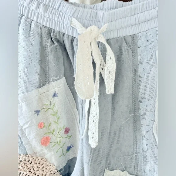 POL Wide Leg Patchwork Pants in Light Blue with Cream Accents - Picture 4 of 8